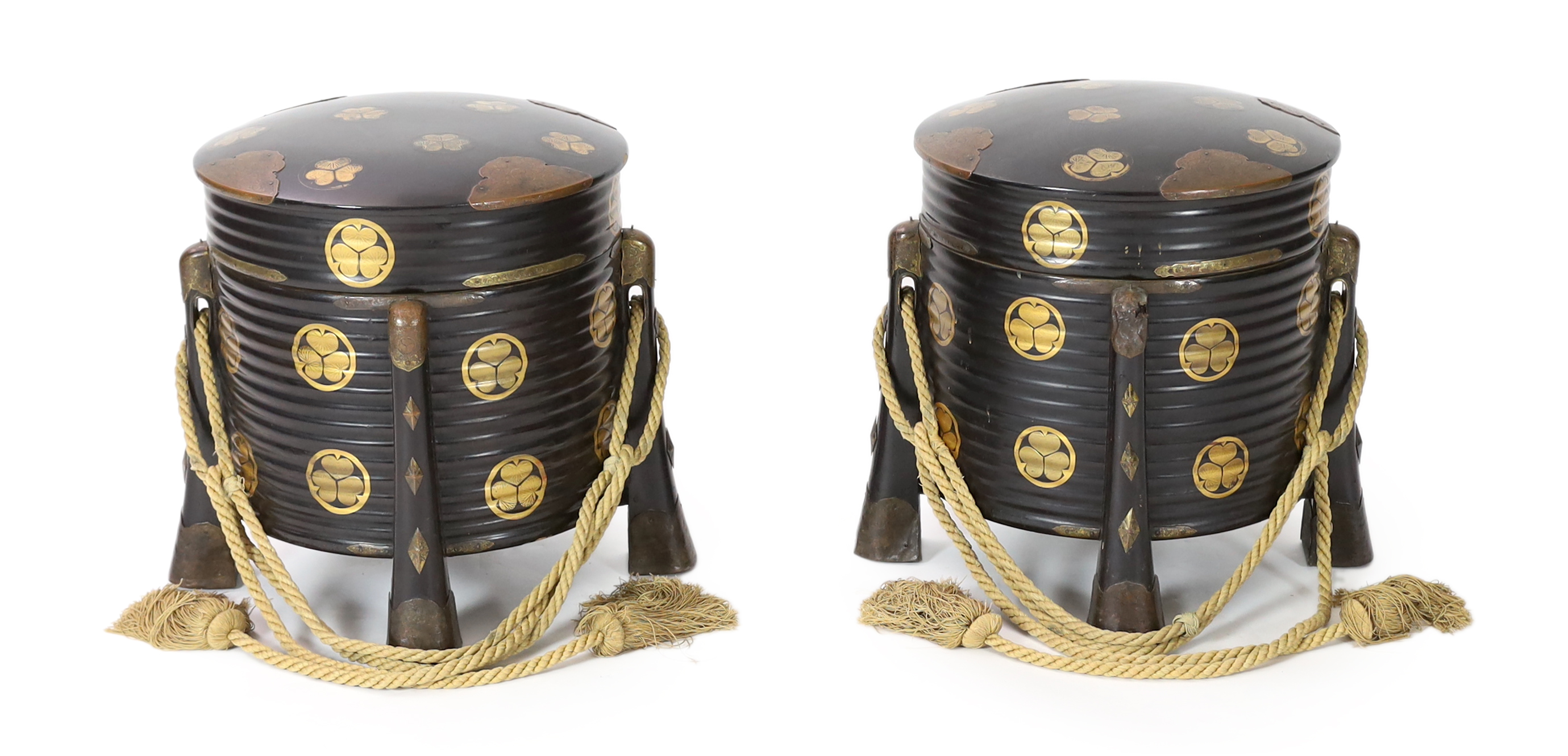 A pair of large Japanese black lacquer circular boxes and covers, Hokkai Bako, 19th century